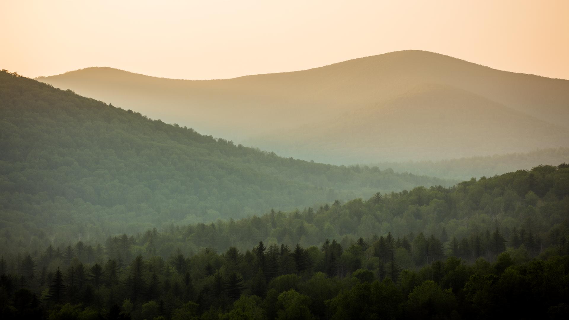 The misty Green Mountains of Vermont at dawn